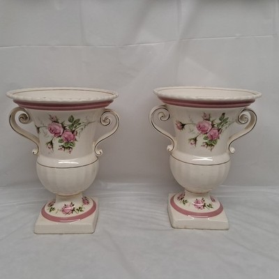 Vintage E&R American Art Ware Urn Vases Pair Pink Rose Gold Handles Liberty Bell