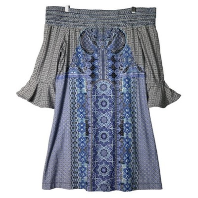 Cabana Life Blue Mosaic Off Shoulder Smocked Tunic Top Womens Size Medium Beach