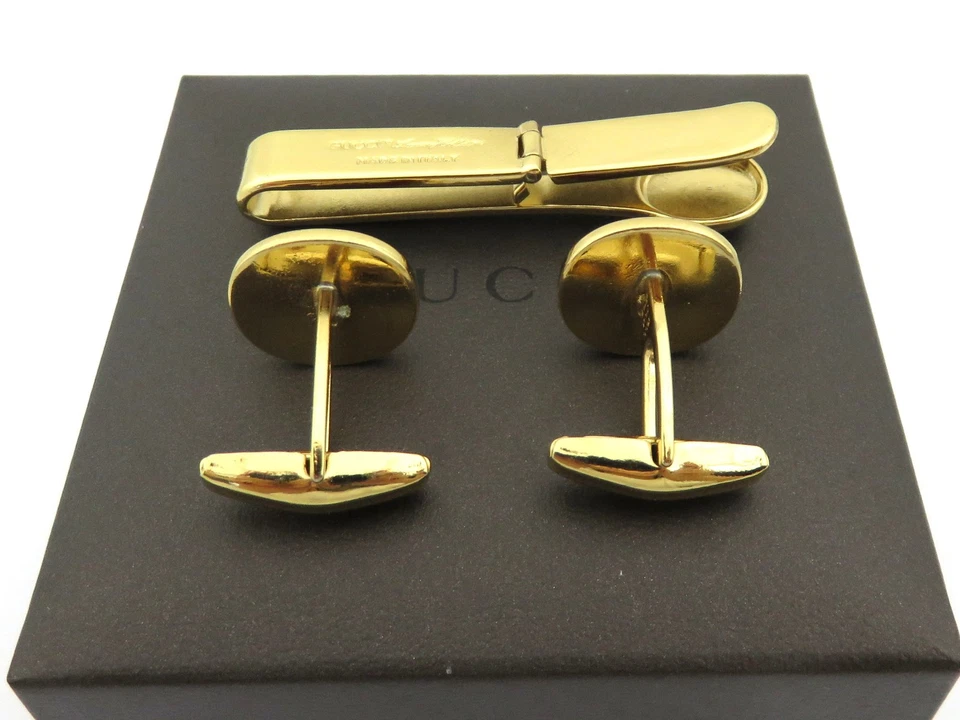 Gucci Gold Tone Metal Red Enamel GG Logo Cufflinks Tie Clip Set — 第 4/4 张图片