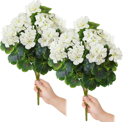 Fake Flowers 2PCS 17.3In Artificial Geraniums for Outdoors Realistic White