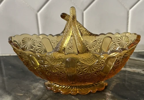 Vintage Fenton Colonial Amber Daisy & Button Split Handle Basket made 1962-1980