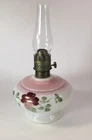 Vintage Pink White Floral Miniature Milk Glass Hand Painted Oil Lamp 7.5” Tall