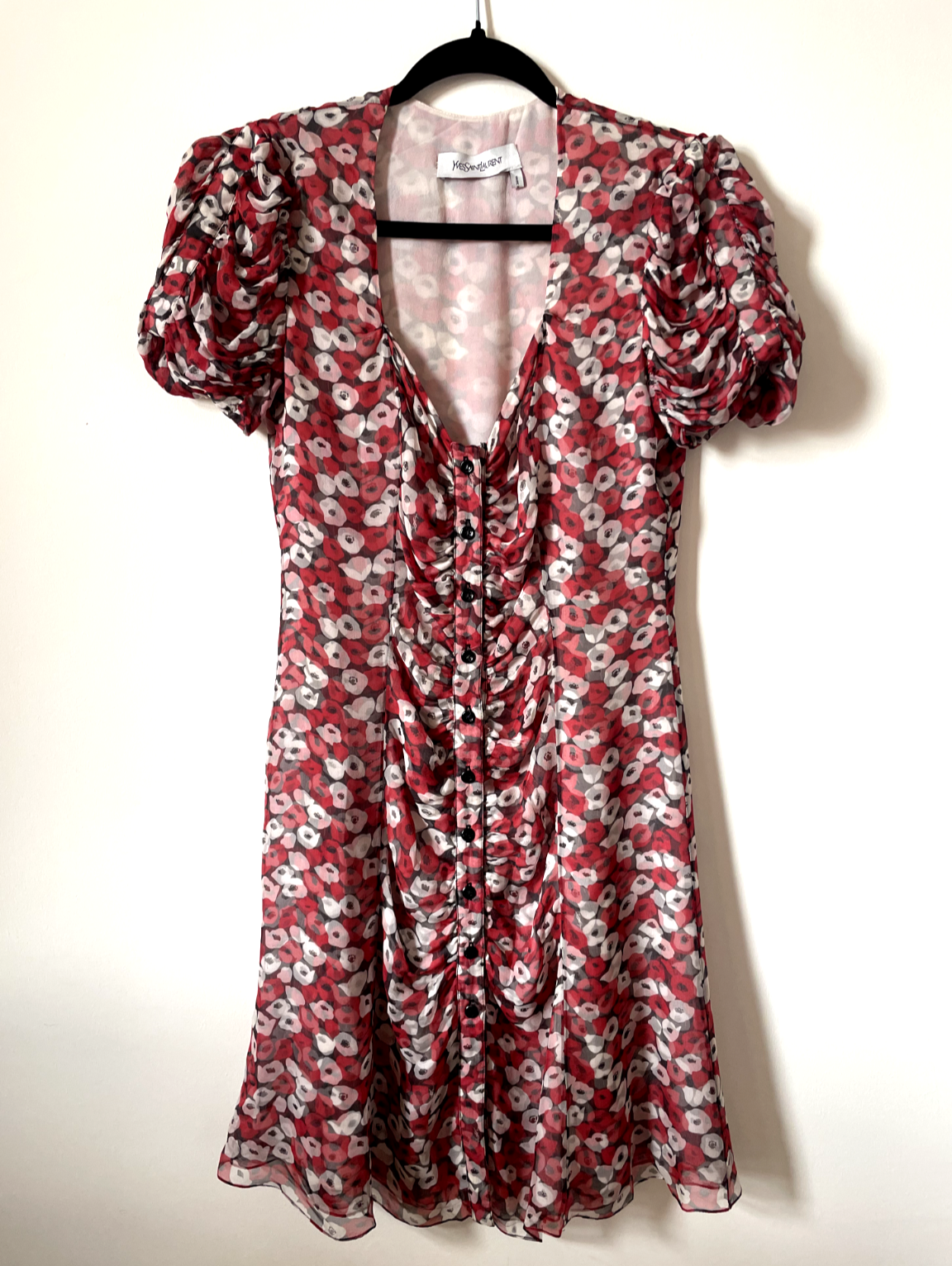 Abito estivo Yves Saint Laurent YSL rosso floreale stampa papavero seta UK 8