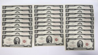 (LOT OF 25) 1963 $2 Two Dollar RED SEAL US Banknotes Paper Notes CONSECUTIVE UNC