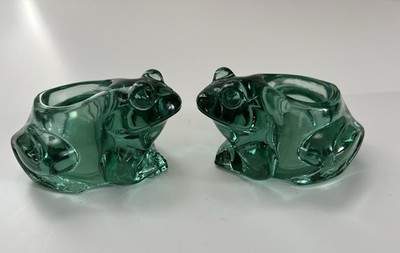 Pair -Vintage Indiana Glass Spanish Green Frog Candle Holders or Candle Votives