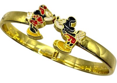 Disney Parks Mickey Mouse Minnie Kissing Hinged Gold Tone Bangle Bracelet 