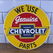 Vintage Chevrolet We Use Genuine Parts Rustic Porcelain Enameled Metal Sign 11”