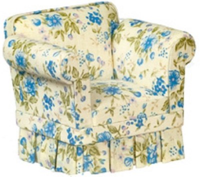 Dolls House Blue Chintz Country Armchair JBM Miniature Living Room Furniture
