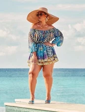 Garnerstyle X FTF Fashion To Figure Plus Sz 1X Romper Ebony Off Shoulder Print