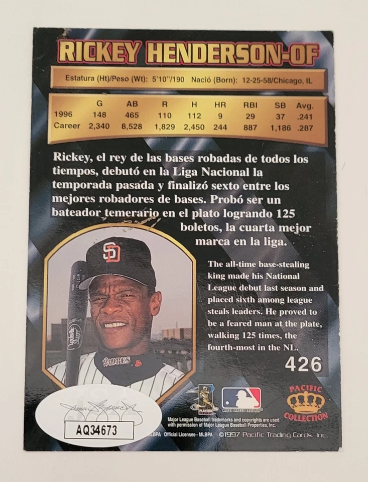 RICKEY HENDERSON Signed 1997 Pacific Crown #426 San Diego Padre Card JSA AQ34673 - Image 2 of 2