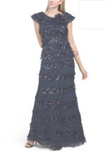 TADASHI SHOJI Navy Blue Eston Embellished Tiered Ruffle Gown With Rosette 12 NWT
