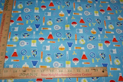 Studio E Geek Chic Beakers & Test Tubes Blue Fabric Sewing Quilting 19 x 42''