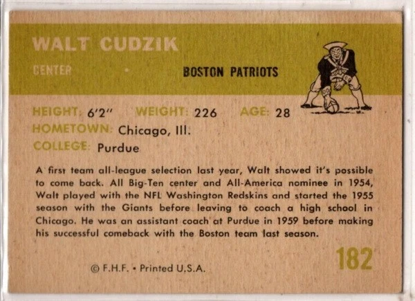 Walter Cudzik, Center, Boston Patriots, 1961 Fleer, Card No. 182 - Image 2 of 2