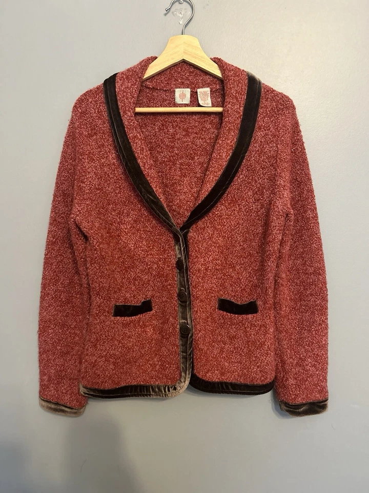 Anthropologie HWR Sweater Blazer Large Red Pink Wool Boucle Brown Velvet Trim - Image 2 of 4