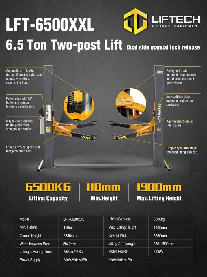 HEAVY DUTY 6.5 TONNES VEHICLE LIFT/RAMP 2 POST LIFT/HOIST 6500 KG TWO ...