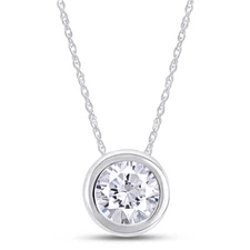 14K Solid White Gold 1 ct  BEZEL set Solitaire Pendant Necklace Chain
