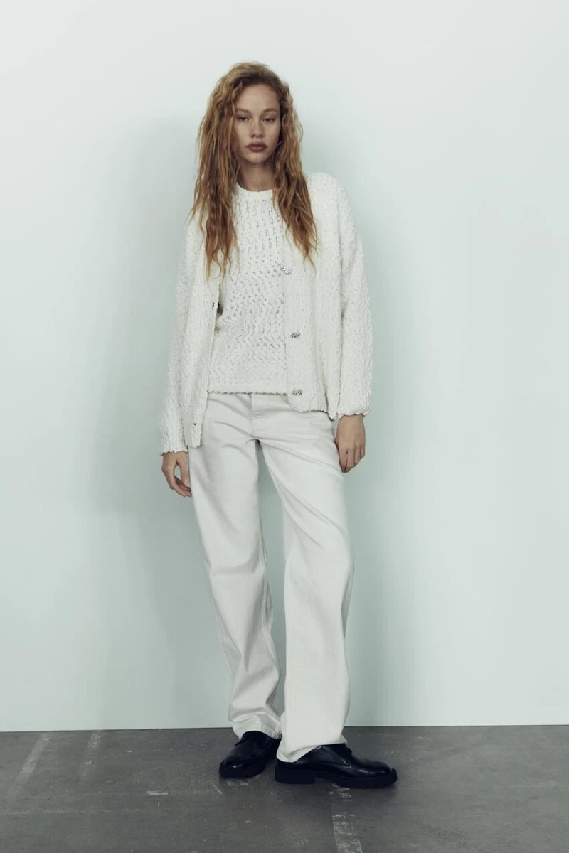 BNWT ZARA Ecru Oversized Cardigan with Rhinestone Buttons Size S