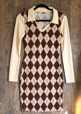 Shein Argyle Black White Print Dress Sz XS Long Sleeve Stretch Collar Brown -20