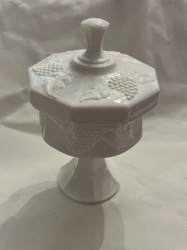 Milk Glass Lidded Pedestal White 9 Sides 7” Tall Candy/ Jar