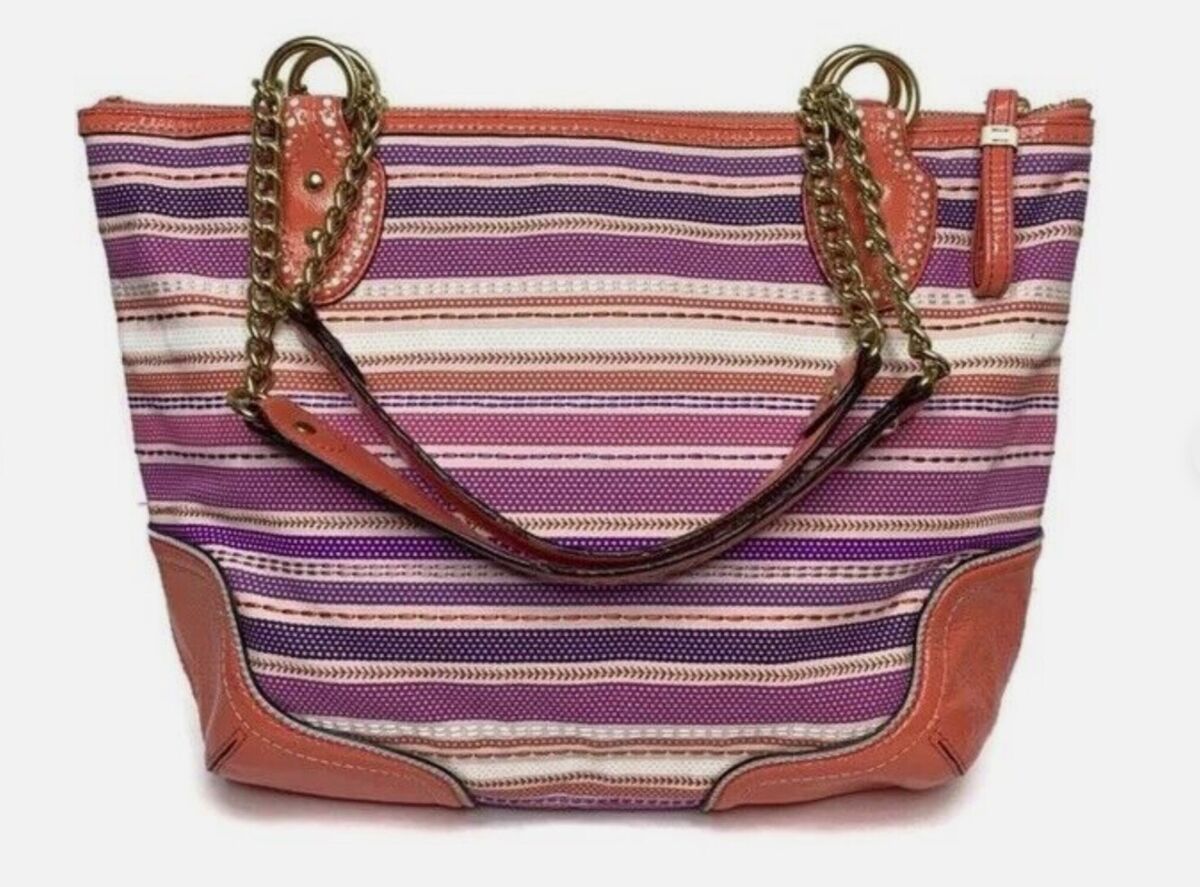 Coach Poppy Coral Purple Hues Sequin Striped Purse Shoulder Coach Poppy Coral Purple Hues Sequin Striped Purse Shoulder