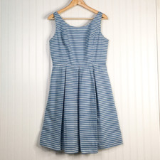 Eliza J Womens Fit & Flare Dress Blue White Striped Lined Scoop Neck Pleated 10