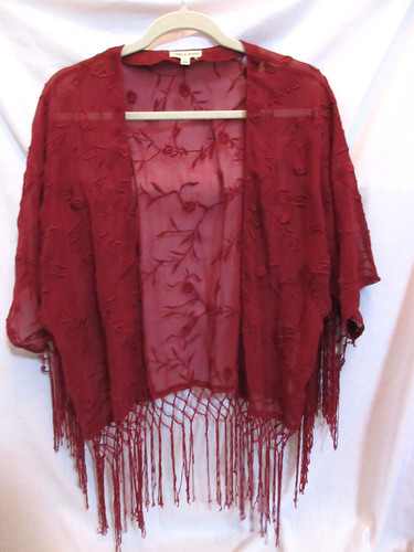 Sixes & Sevens Womens Burgandy Sheer Fringe Embroidered Shrug Cardigan SZ XL