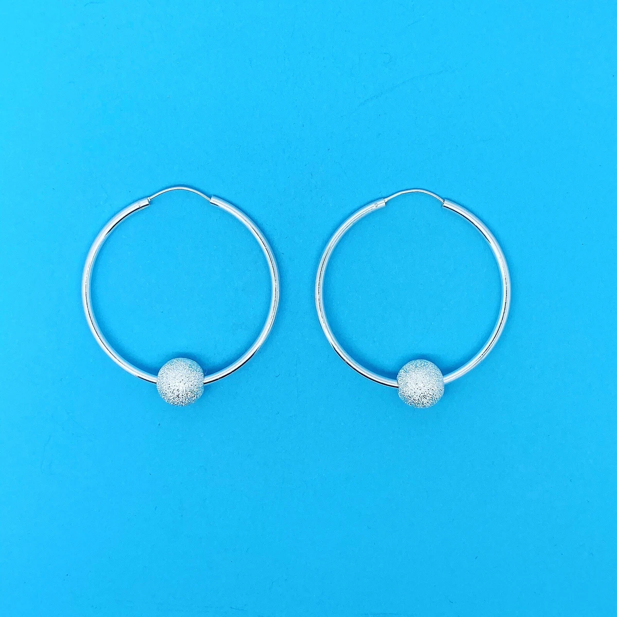 Genuine 925 Sterling Silver Hoops With Sliding Laser Glitter Ball in Three Sizes