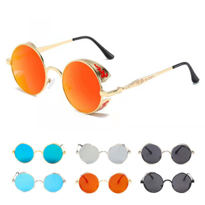 Damen Runde Sonnenbrille Metallrahmen mit geschwungenem Feuermuster, Side Shield