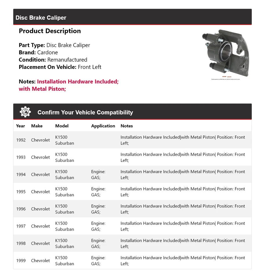 Pinza de freno de disco delantera izquierda cardone para Chevrolet K1500 Suburban 1992-1999 Foto 2 de 4