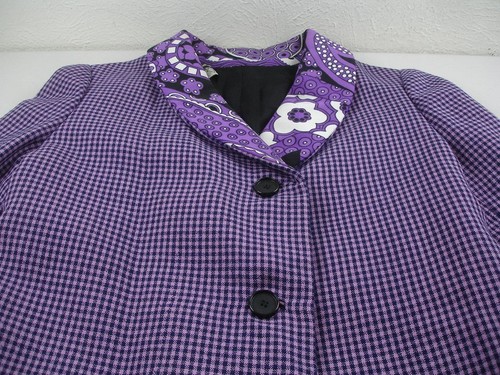 Women's S M 1980's Geoffrey Beene Coat Black Purple Plaid Paisley Shawl Collar - Picture 5 of 18
