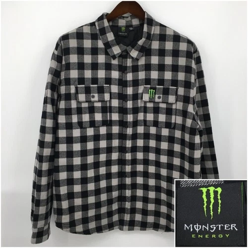 Monster Energy Quilted Flannel Shirt Jacket Mens XXL Plaid Button Shacket Black - product listing photo