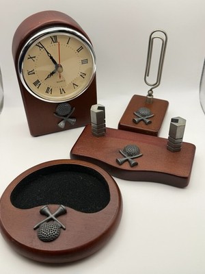 Vintage Golf Desk Set Clock Business Card Holder Memo Clip Key Tray