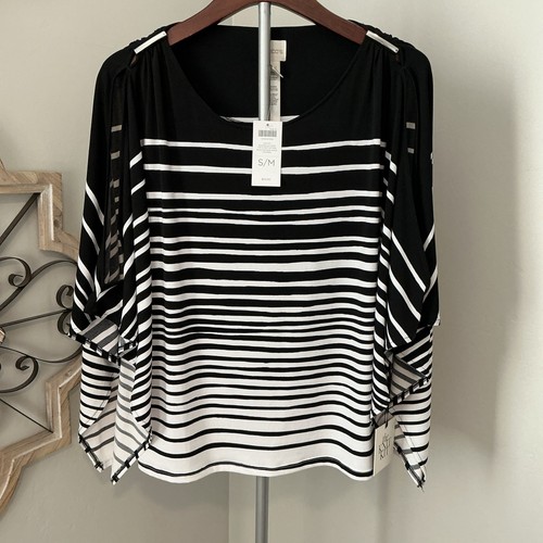 Chico’s Black White Paintbrush Stripe Cold Shoulder Top Shirt Size S/M NWT
