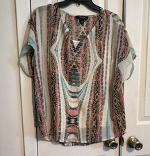 Nine West Jeans Multicolor Sheer Geometric Tunic Top Short Sleeve Size M