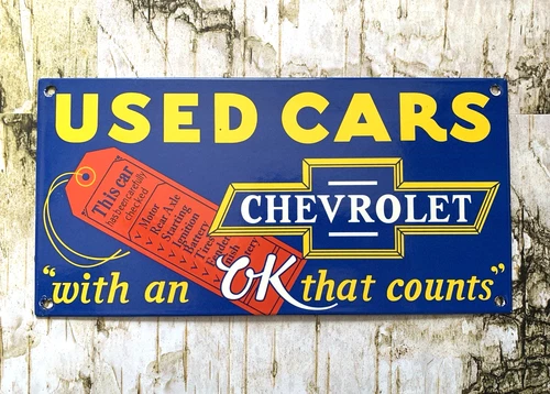 VINTAGE 12x6"Used Cars CHEVROLET CHEVY DEALERSHIP GAS STATION PORCELAIN OIL SIGN