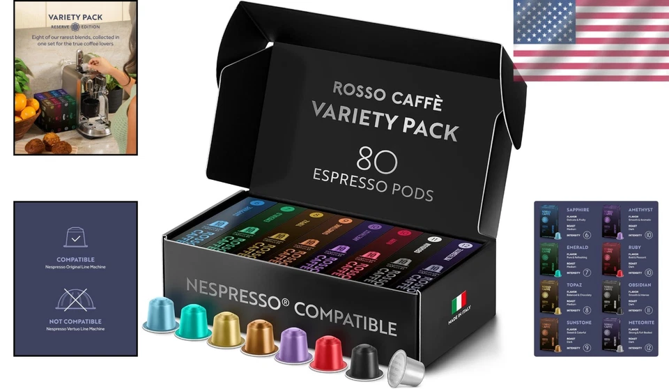 Cápsulas de café espresso de lujo paquete de variedad - 80 cápsulas, 8 sabores para Nespresso Foto 2 de 4