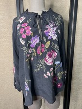 NWT Johnny Was Gray Georgiana Field Blossoms Top Blouse Embroidered Silk Sz L