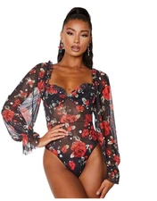 Pretty Little Thing Corset Floral Bodysuit Size 8 Dark Fairy Sheer Mesh Ruffle