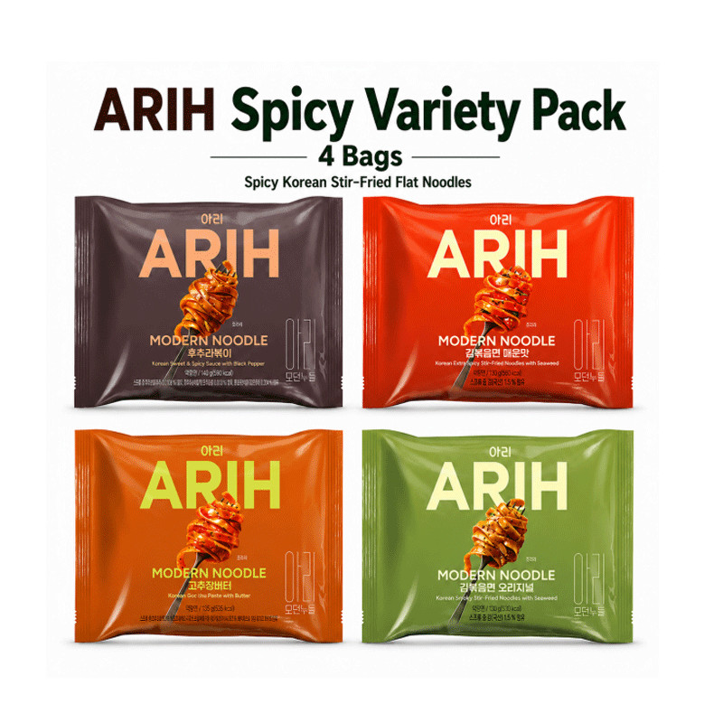 ARIH Paquete Variedad Picante 4 Bolsas Fideos Planos Salteados Coreanos Conjunto de Mezcla