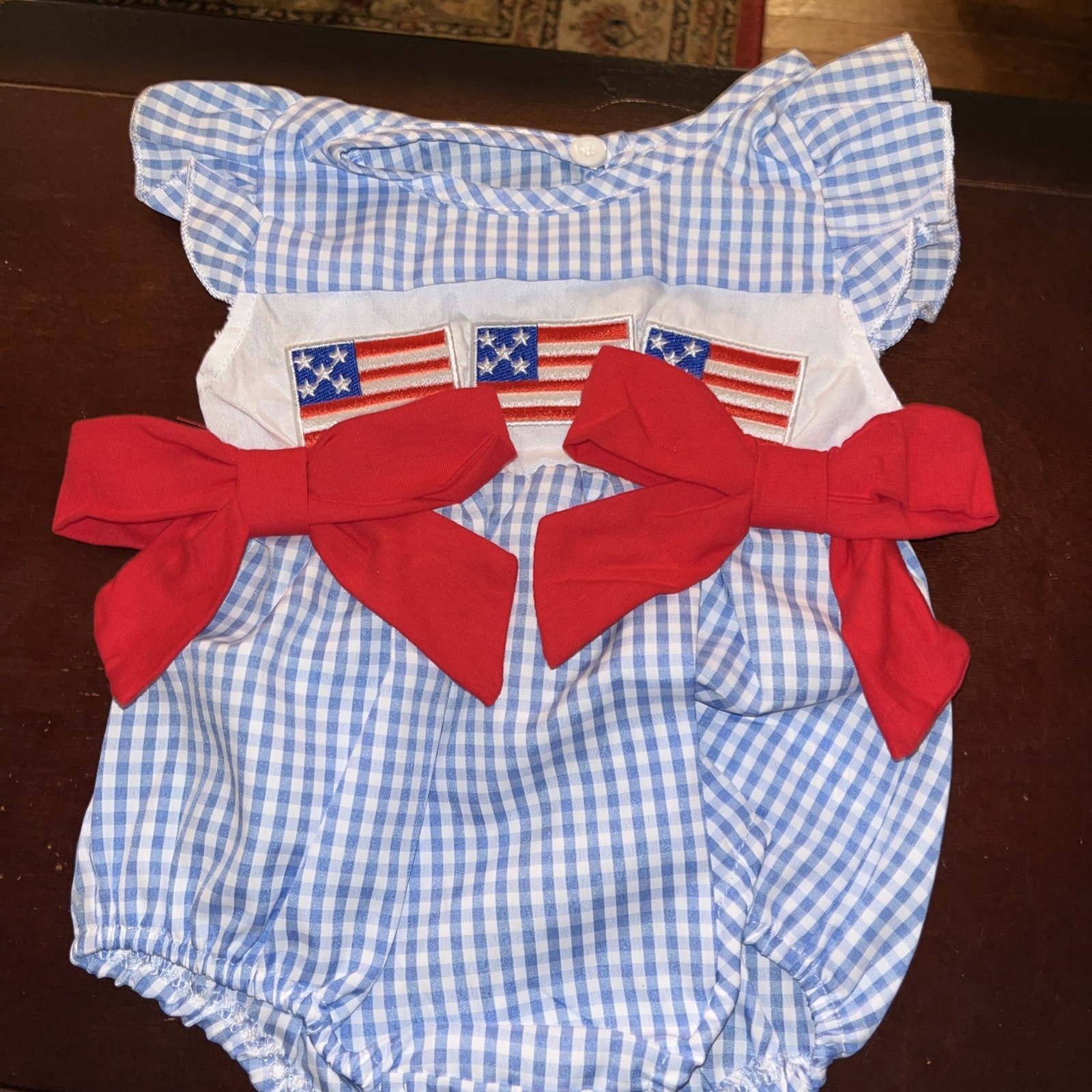 Baby Girl Patriotic Smocked Gingham Bubble Romper Embroidered USA Flags 3-6 mos