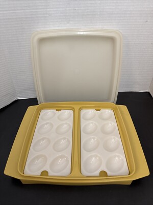 Vintage Yellow and White Tupperware Deviled Egg Caddy - 723-1