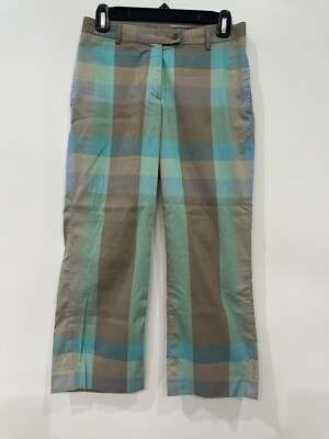 Theory Lightweight Crop Vintage Plaid Pants, Khaki And Sea-green