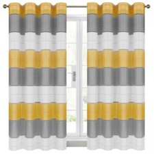 SALE!!! PAIR READY- MADE CURTAINS STRIPED Yellow Grey White VOILE EYELET RING