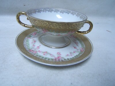 Royal Bayreuth ROB22 Double Handled Cup and Saucer Gold Trim