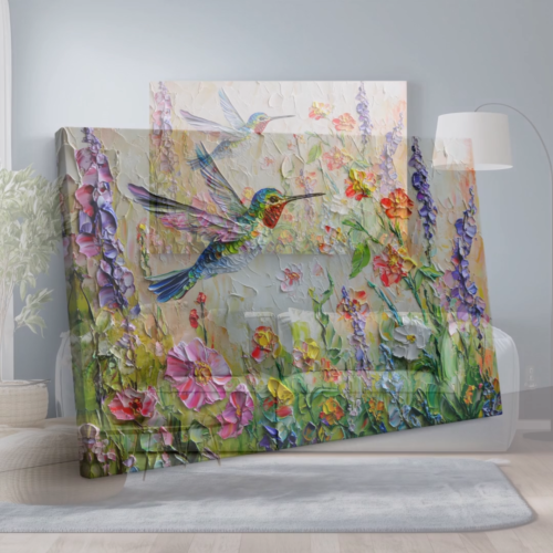 Bonita impresión de pintura sobre lienzo de arte de pared de colibrí y flores silvestres de primavera - Vídeo 1 de 1