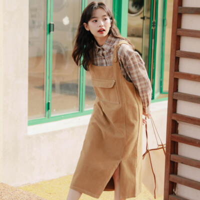 Japanese Women retro college style denim dress suspender skirt loose casual  | eBay