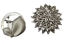 Vintage 2 Pc Lot Modernist EMJ Emmons brooch And Silver Flower Brooch MCM style
