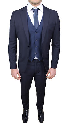 ABITO COMPLETO UOMO BLU COORDINATO SMOKING GIACCA PANTALONI CRAVATTA E  GILET | eBay