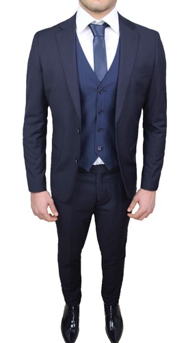ABITO COMPLETO UOMO BLU COORDINATO SMOKING GIACCA PANTALONI CRAVATTA E  GILET | eBay