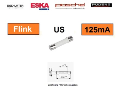 USF112 - 125mA US Feinsicherung 6,3x32mm Flink Sicherung Fuse PE [5pcs]